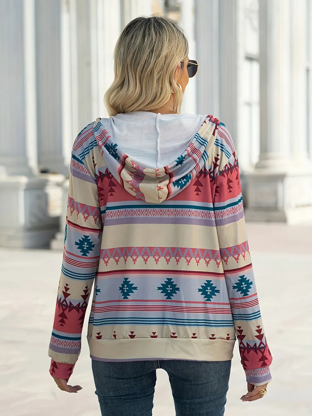 Geometric Zip Up Long Sleeve Hooded Jacket - V.I.P Digital Presence