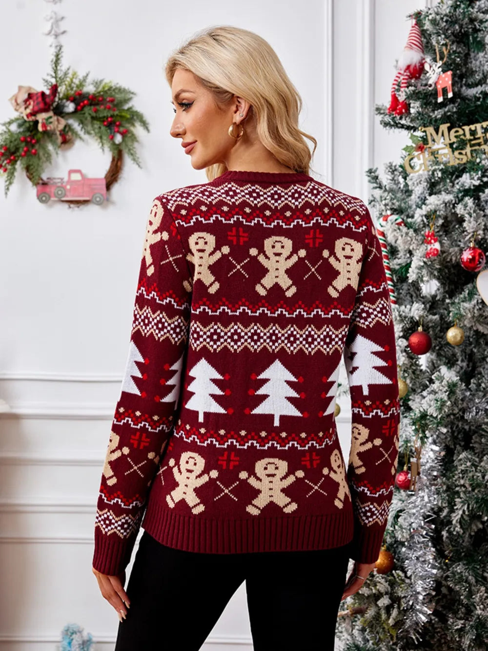 Gingerbread man jacquard long sleeved sweater pullover casual top - V.I.P Digital Presence