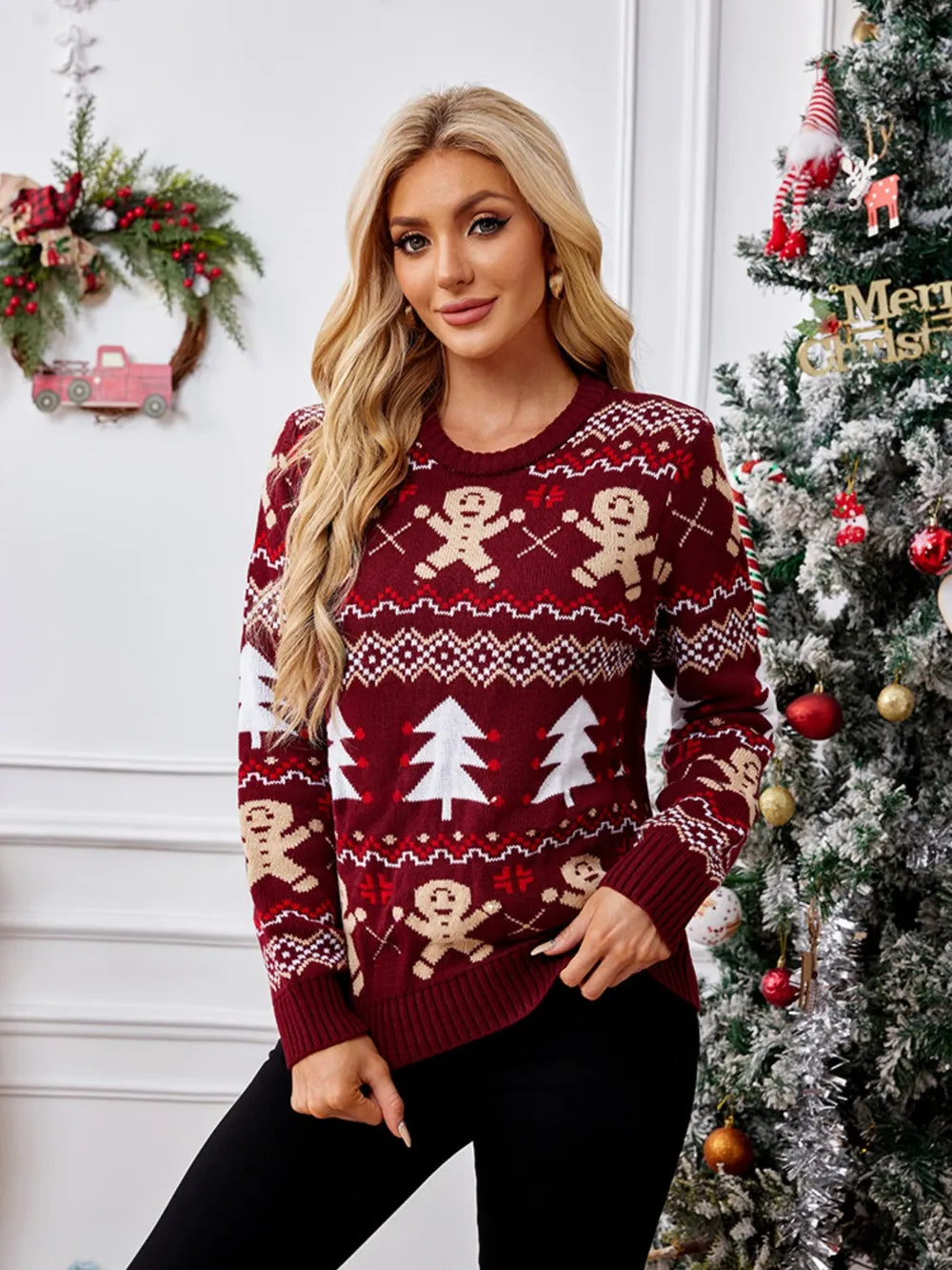 Gingerbread man jacquard long sleeved sweater pullover casual top - V.I.P Digital Presence
