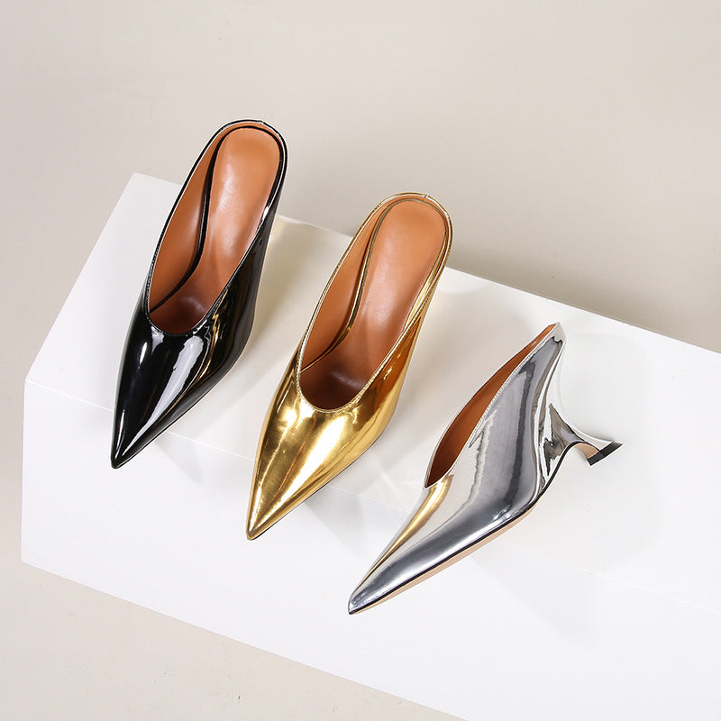 Glossy patent leather cross-border women's shoes with high heels and sloping heels slippers - V.I.P Digital Presence