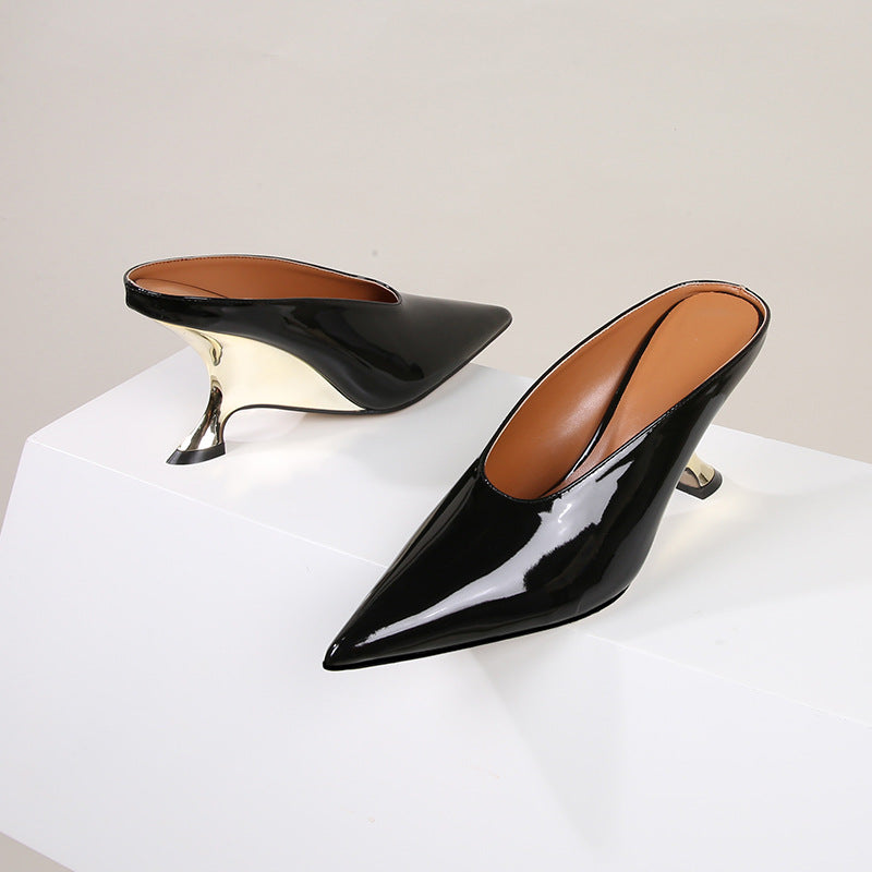 Glossy patent leather cross-border women's shoes with high heels and sloping heels slippers - V.I.P Digital Presence