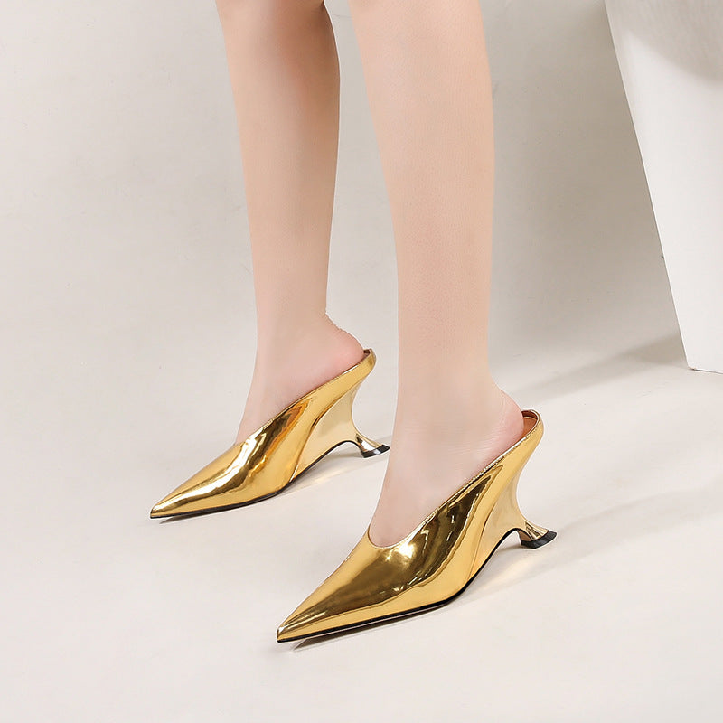 Glossy patent leather cross-border women's shoes with high heels and sloping heels slippers - V.I.P Digital Presence