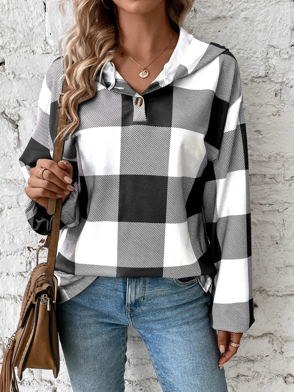 Grid printed loose casual fashionable button long sleeved hooded sweatshirt - V.I.P Digital Presence