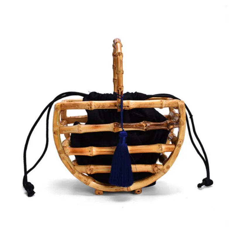 Handmade tassel bamboo knot bag water bucket bag semi-circular bamboo basket handbag for women - V.I.P Digital Presence