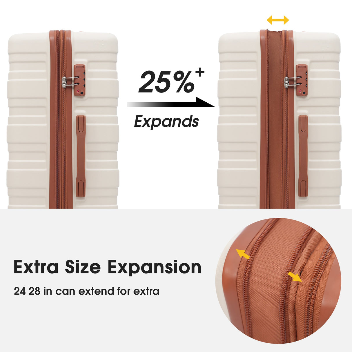 Hardshell Luggage Sets 3 Pcs Spinner Suitcase with TSA Lock Lightweight 20''24''28'' Brown+White + ABS - V.I.P Digital Presence