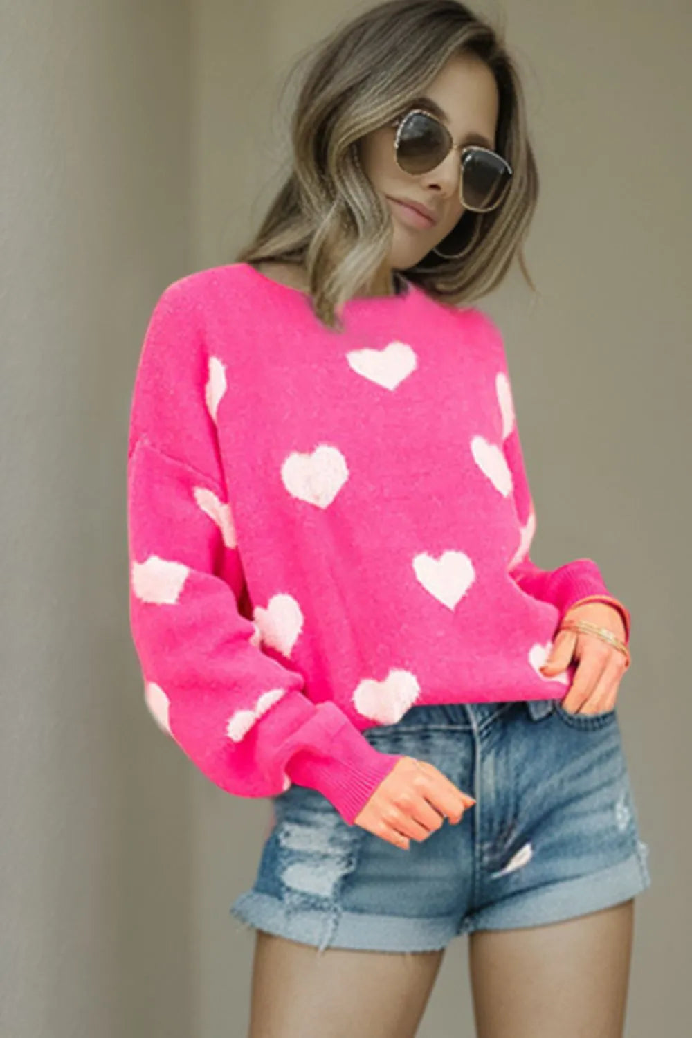 Heart Round Neck Dropped Shoulder Sweater - V.I.P Digital Presence