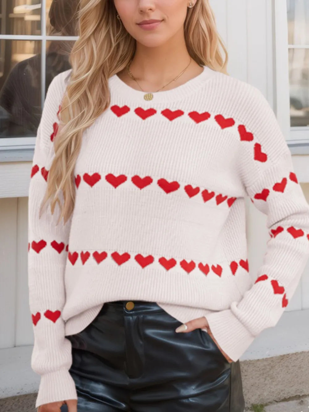 Heart Round Neck Long Sleeve Sweater - V.I.P Digital Presence