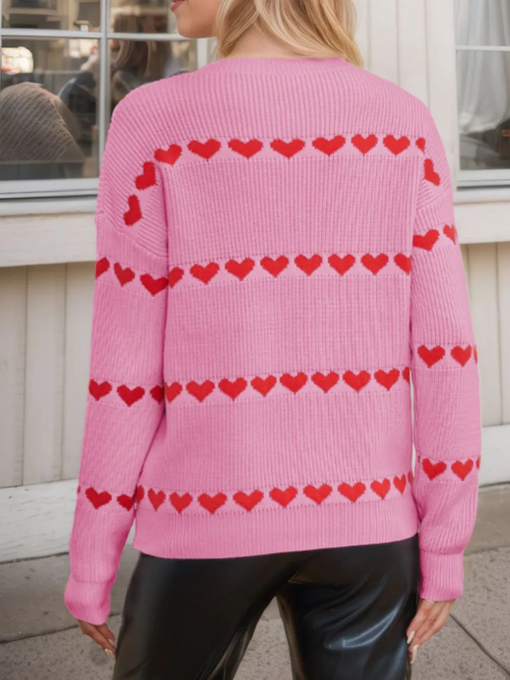 Heart Round Neck Long Sleeve Sweater - V.I.P Digital Presence