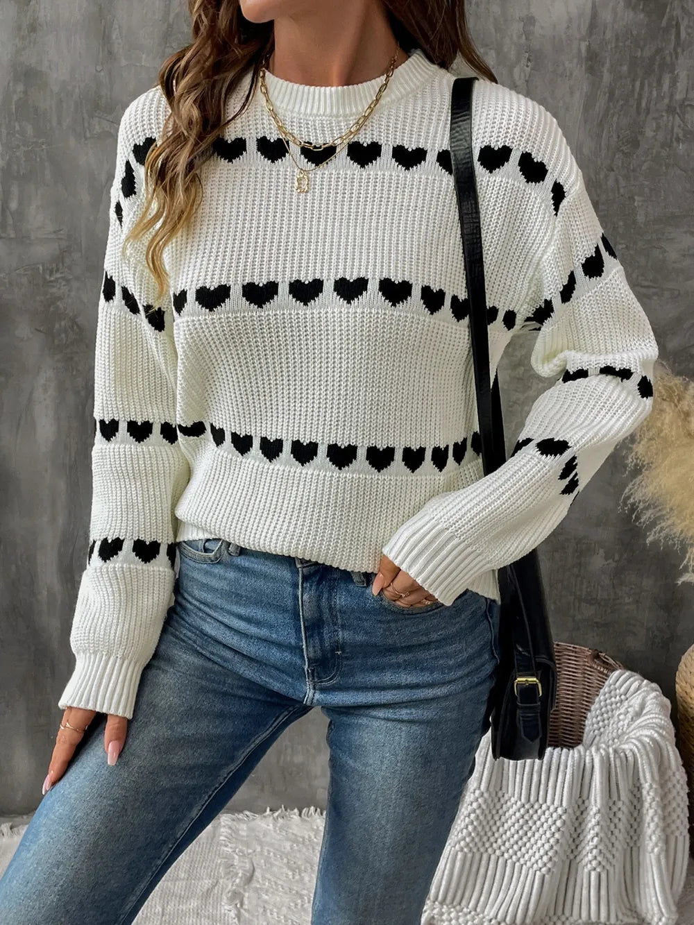 Heart Round Neck Long Sleeve Sweater - V.I.P Digital Presence