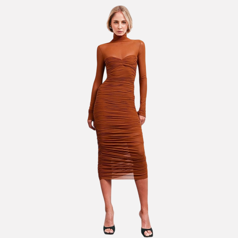 High neck mesh spliced long sleeved sexy hip hugging pleated dress - V.I.P Digital Presence