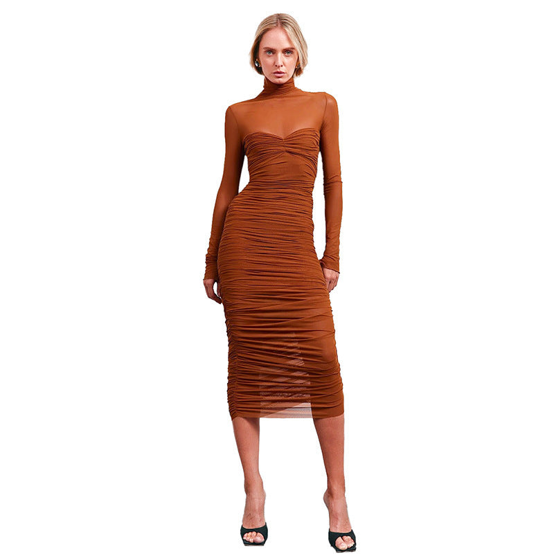High neck mesh spliced long sleeved sexy hip hugging pleated dress - V.I.P Digital Presence