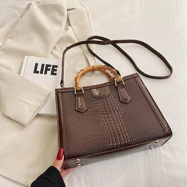 High Quality Leather Shoulder Bag For Women Luxury Alligator Handbag Designer Women Bag Retro Bamboo Handle Tote Bag Female - V.I.P Digital Presence