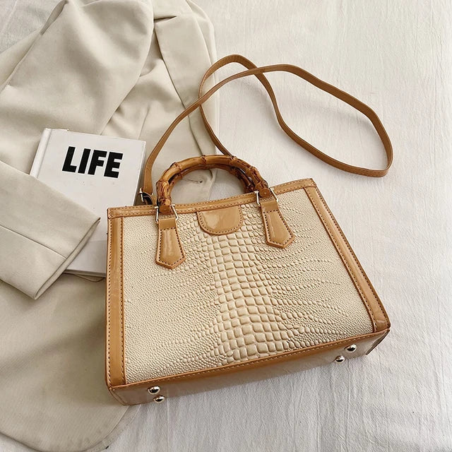 High Quality Leather Shoulder Bag For Women Luxury Alligator Handbag Designer Women Bag Retro Bamboo Handle Tote Bag Female - V.I.P Digital Presence