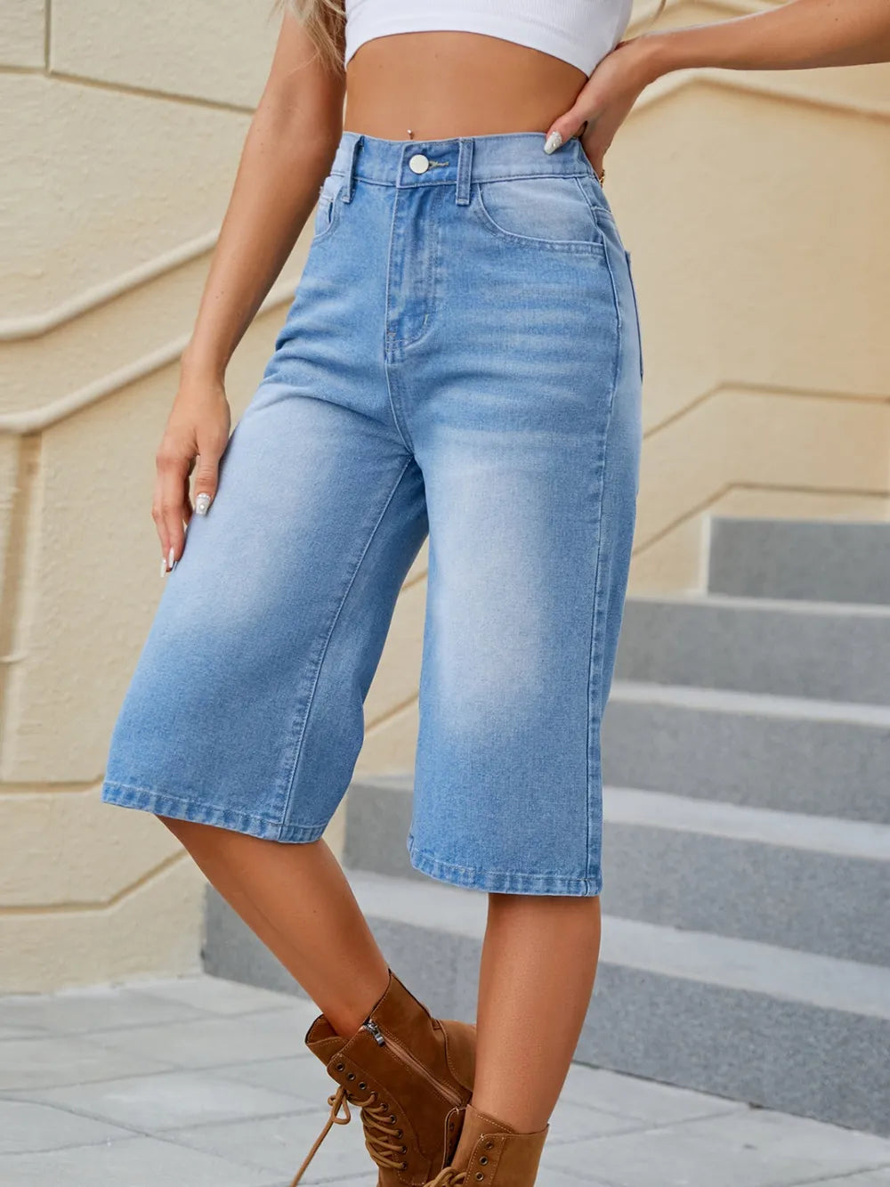 High Waist Denim Shorts with Pockets - V.I.P Digital Presence
