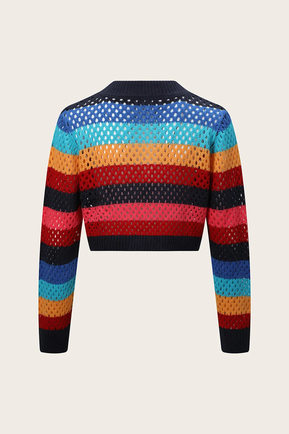 Hollow out short women's top knitted cardigan tie contrasting color stripes - V.I.P Digital Presence