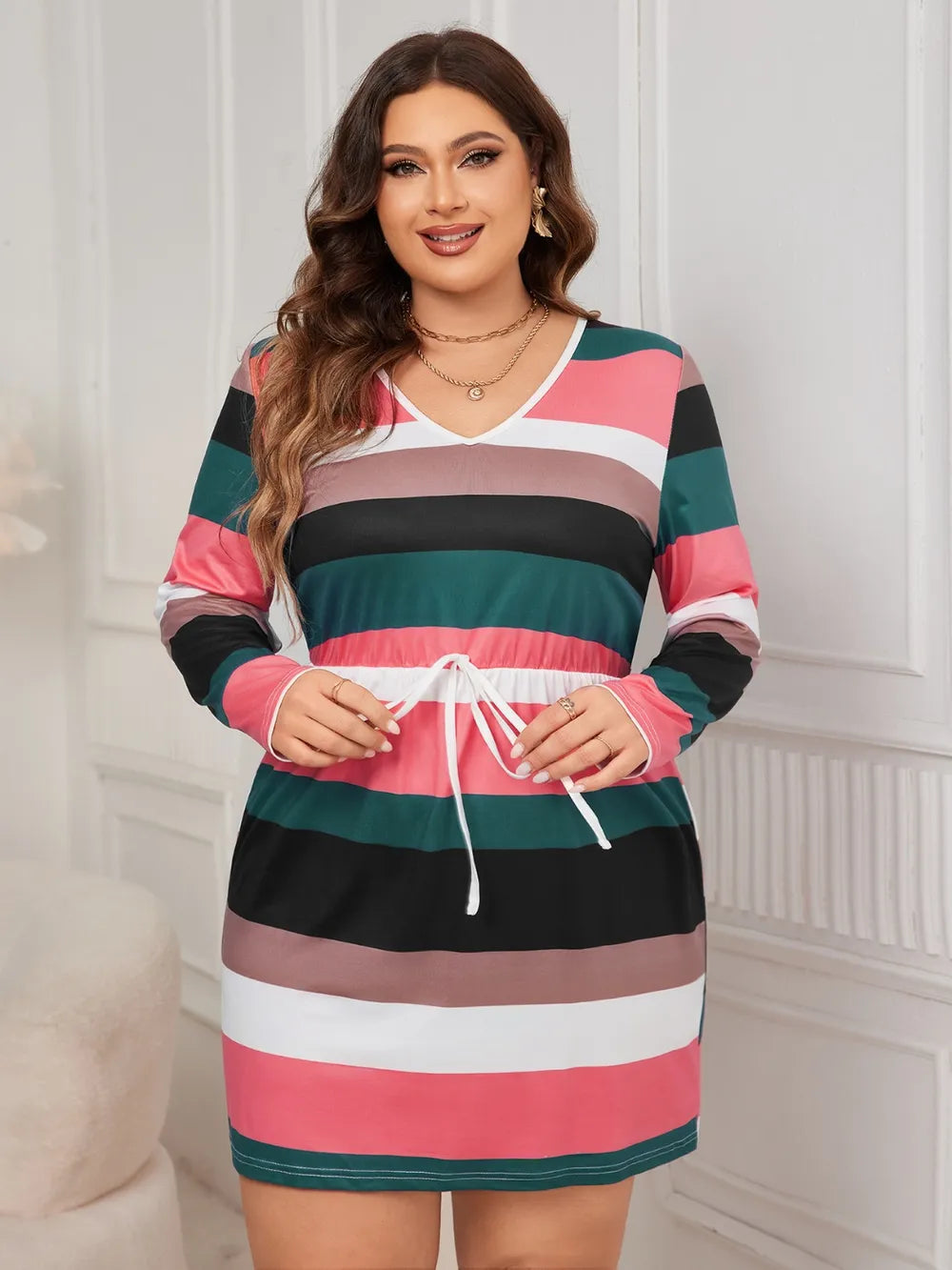 Honey Plus Size Striped V-Neck Long Sleeve Mini Dress - V.I.P Digital Presence