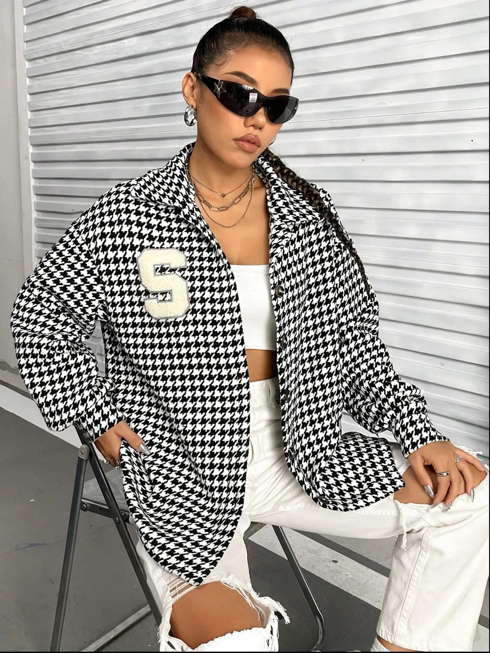 Houndstooth Button Down Long Sleeve Shacket - V.I.P Digital Presence