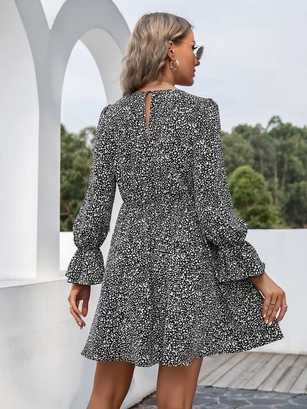 Ivy Lane Decorative Button V-Neck Flounce Sleeve Dress - V.I.P Digital Presence