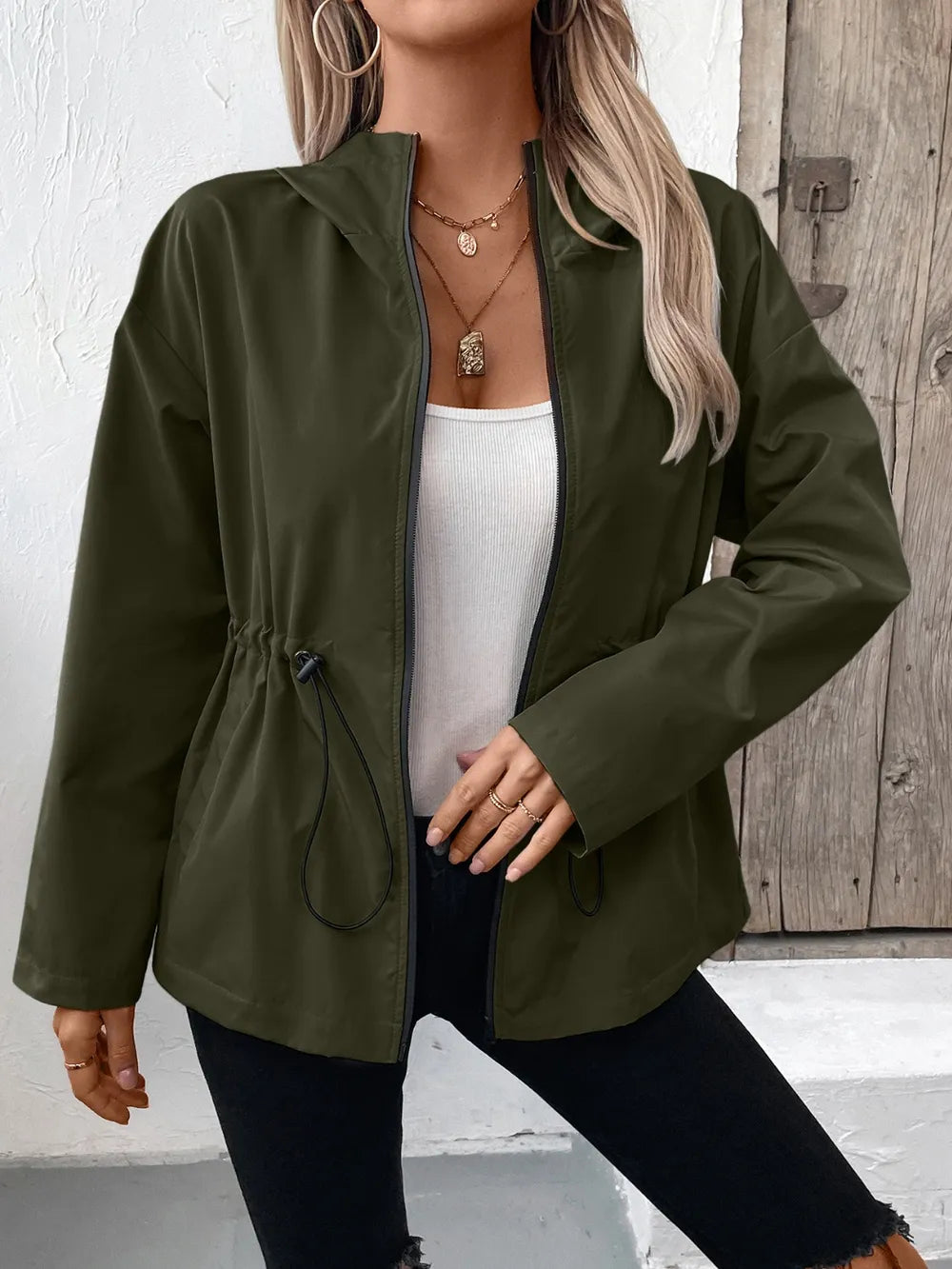 Ivy Lane Drawstring Zip Up Hooded Jacket - V.I.P Digital Presence