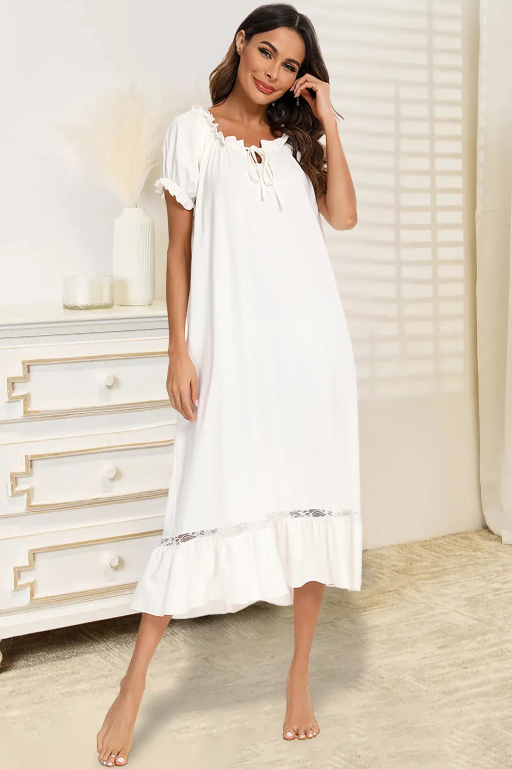 Lace Detail Short Sleeve Lounge Dress - V.I.P Digital Presence