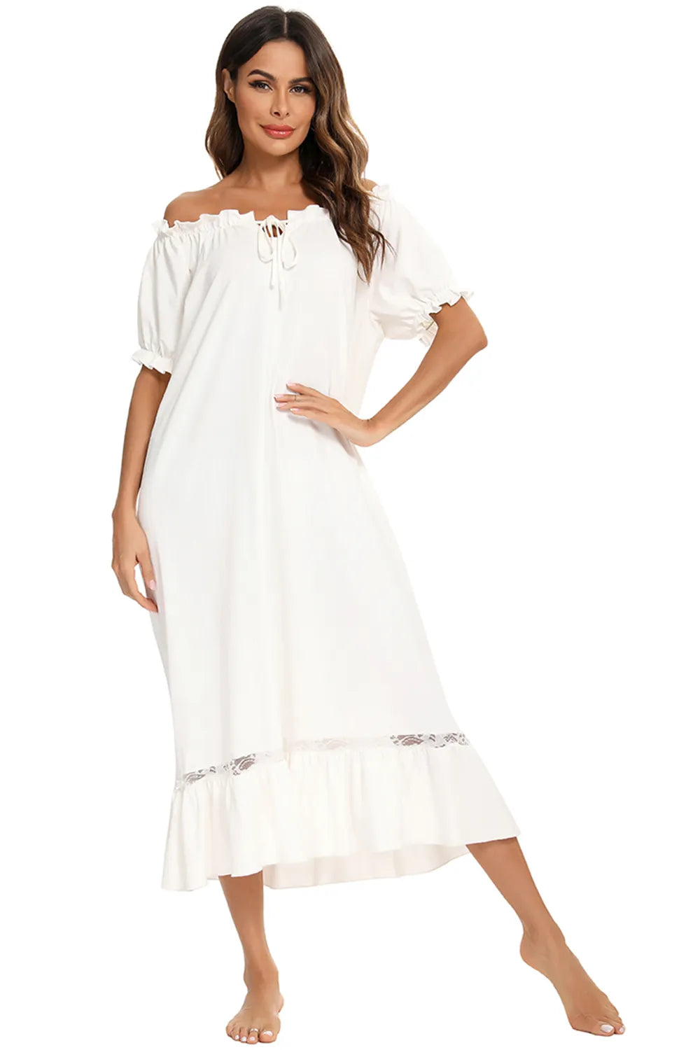 Lace Detail Short Sleeve Lounge Dress - V.I.P Digital Presence
