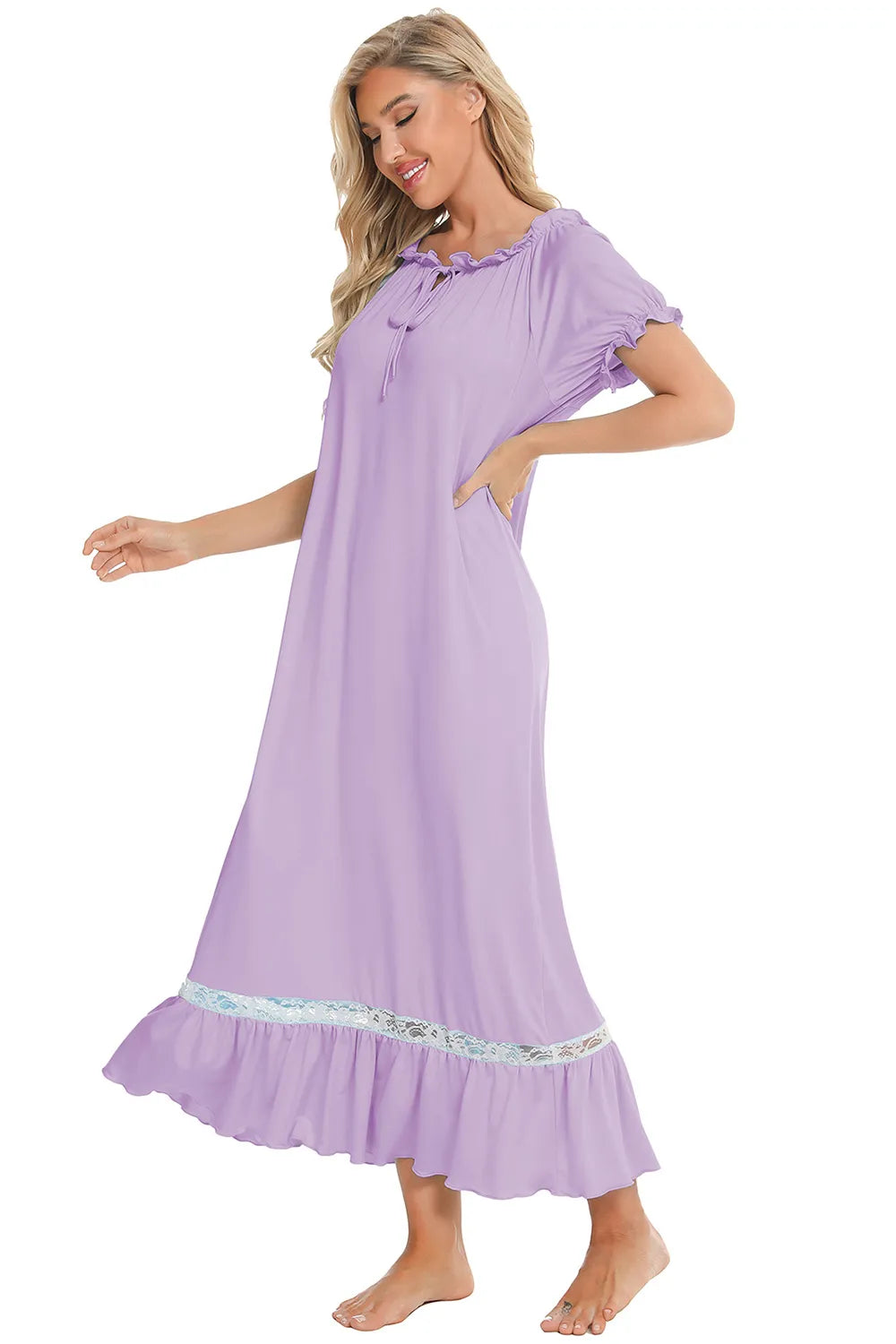 Lace Detail Short Sleeve Lounge Dress - V.I.P Digital Presence