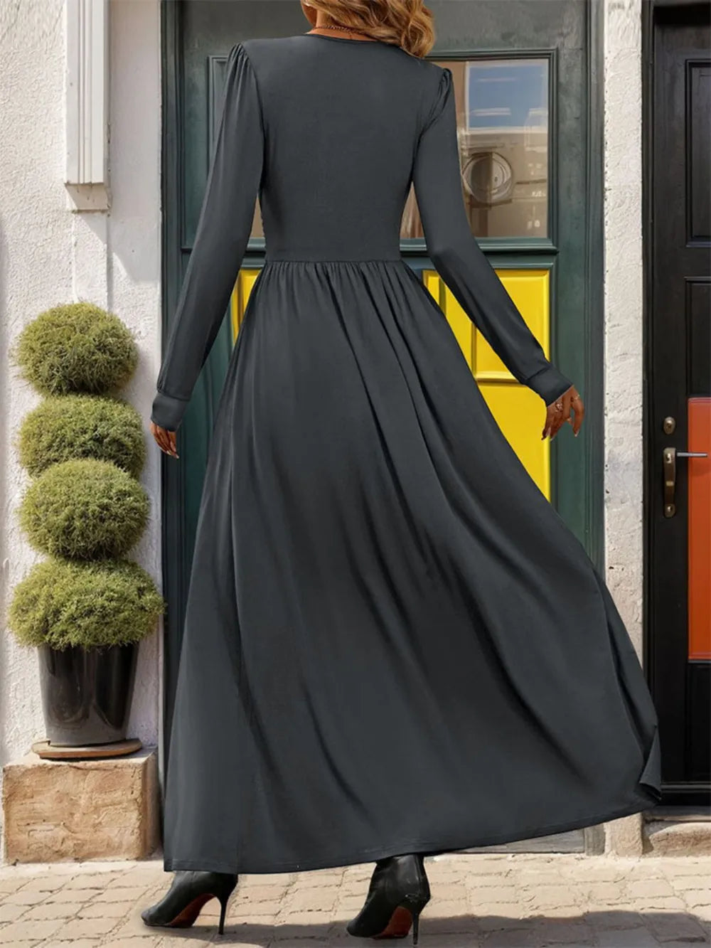 Lace Detail Slit V-Neck Long Sleeve Dress - V.I.P Digital Presence