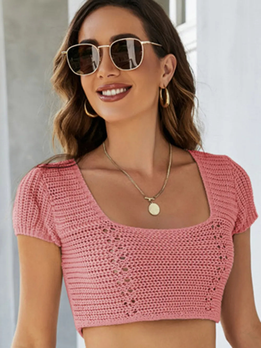 Lace-Up Openwork Square Neck Sweater - V.I.P Digital Presence