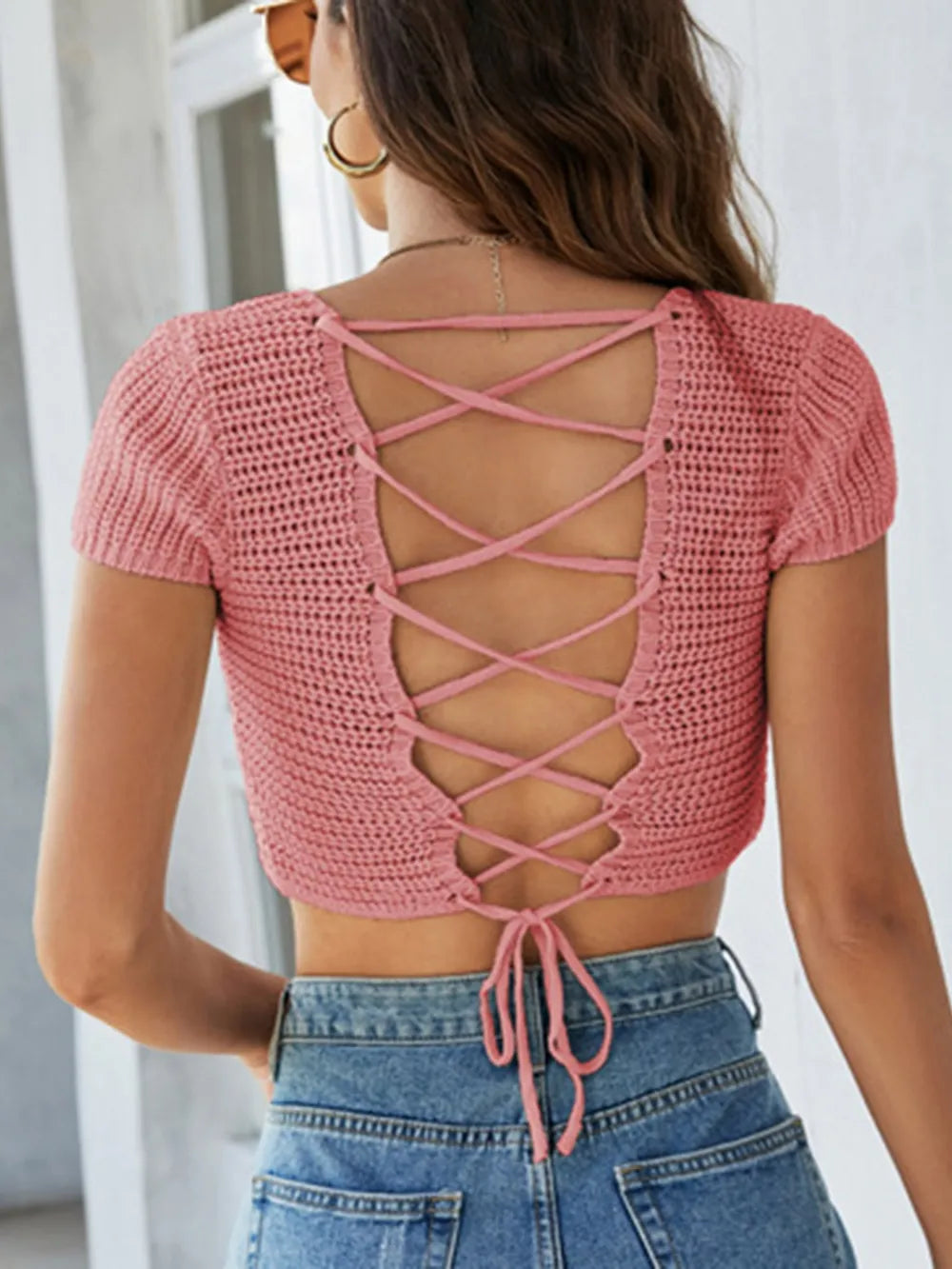 Lace-Up Openwork Square Neck Sweater - V.I.P Digital Presence