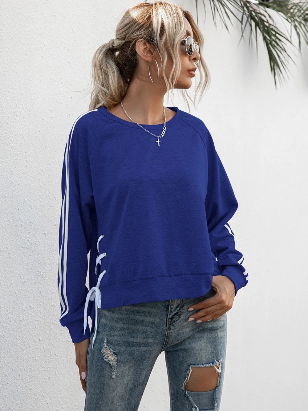 Lace-Up Round Neck Long Sleeve Sweatshirt - V.I.P Digital Presence