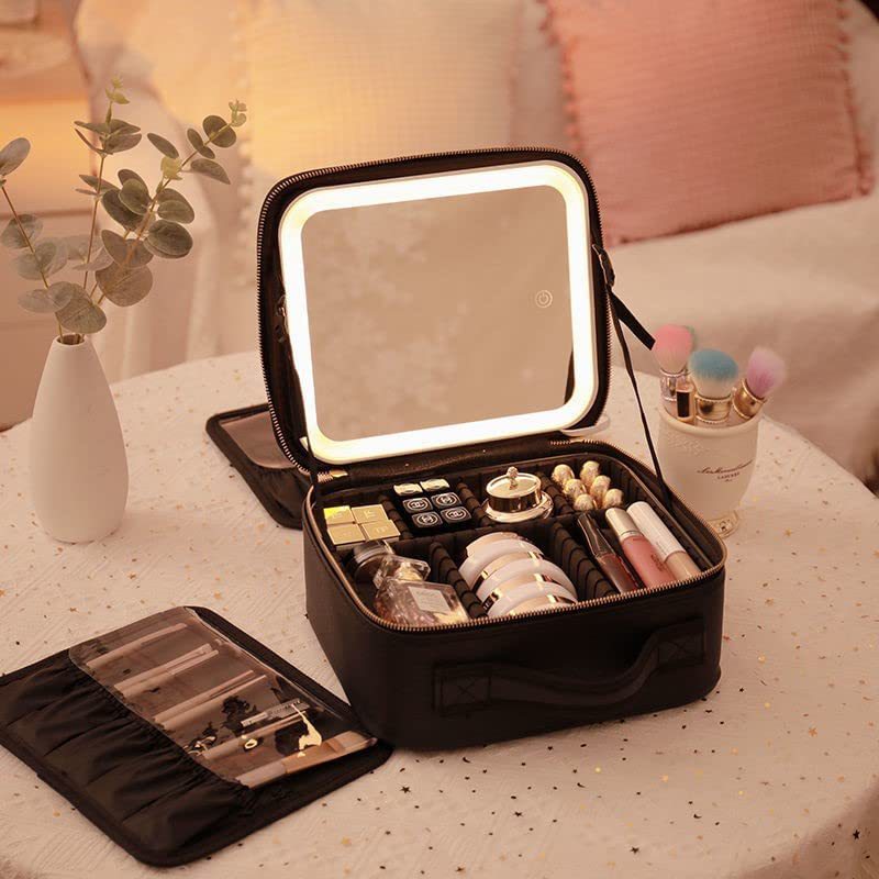 Large capacity LED mirror makeup bag, multifunctional DIY partition storage box, portable waterproof makeup case for women - V.I.P Digital Presence