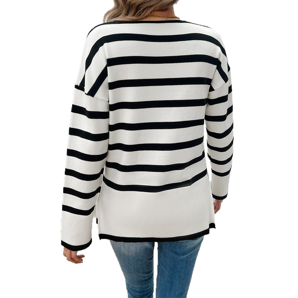 Leisure vacation style contrasting striped long sleeved sweater - V.I.P Digital Presence