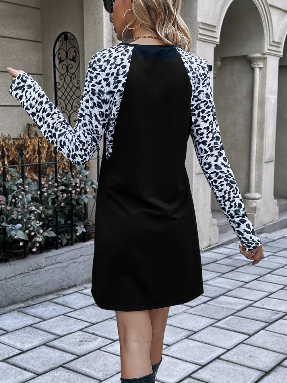 Leopard Round Neck Long Sleeve Dress - V.I.P Digital Presence