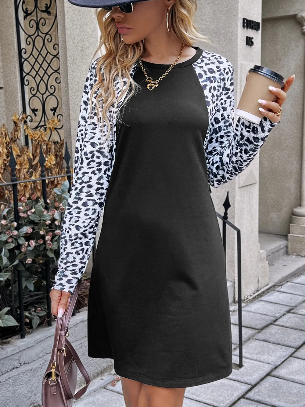 Leopard Round Neck Long Sleeve Dress - V.I.P Digital Presence