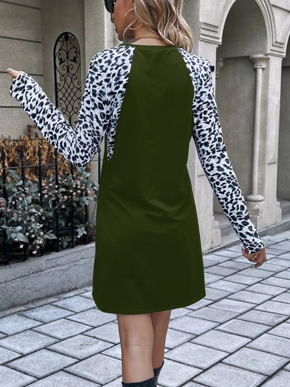 Leopard Round Neck Long Sleeve Dress - V.I.P Digital Presence
