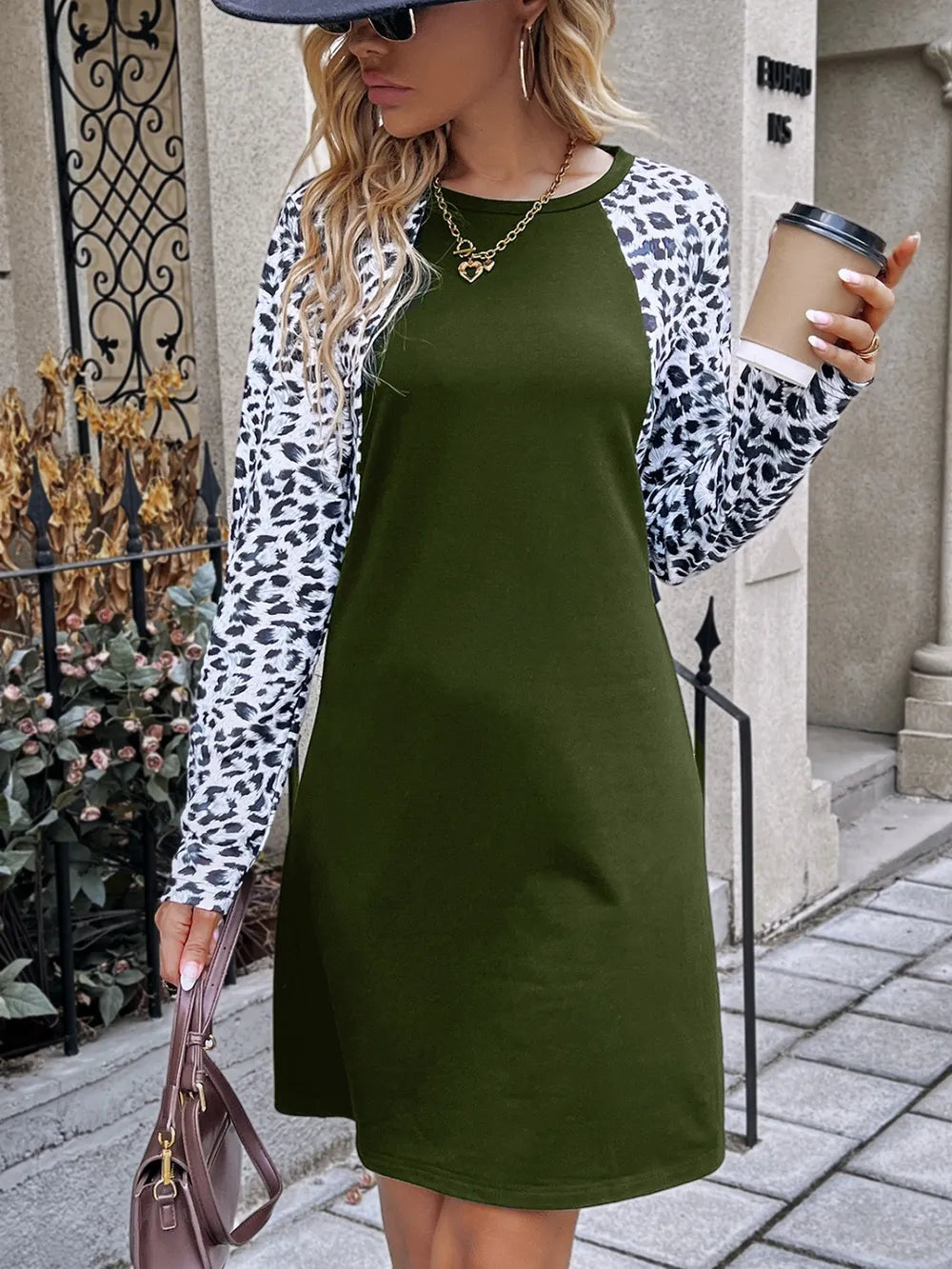 Leopard Round Neck Long Sleeve Dress - V.I.P Digital Presence