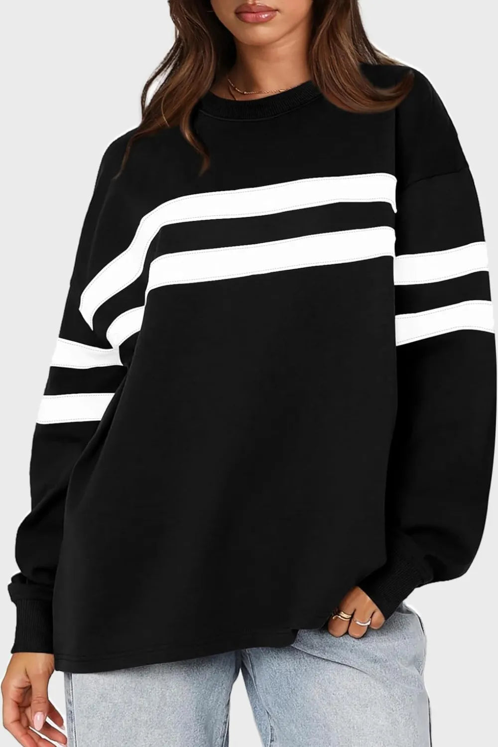 Lovelet Striped Round Neck Dropped Shoulder Sweatshirt - V.I.P Digital Presence