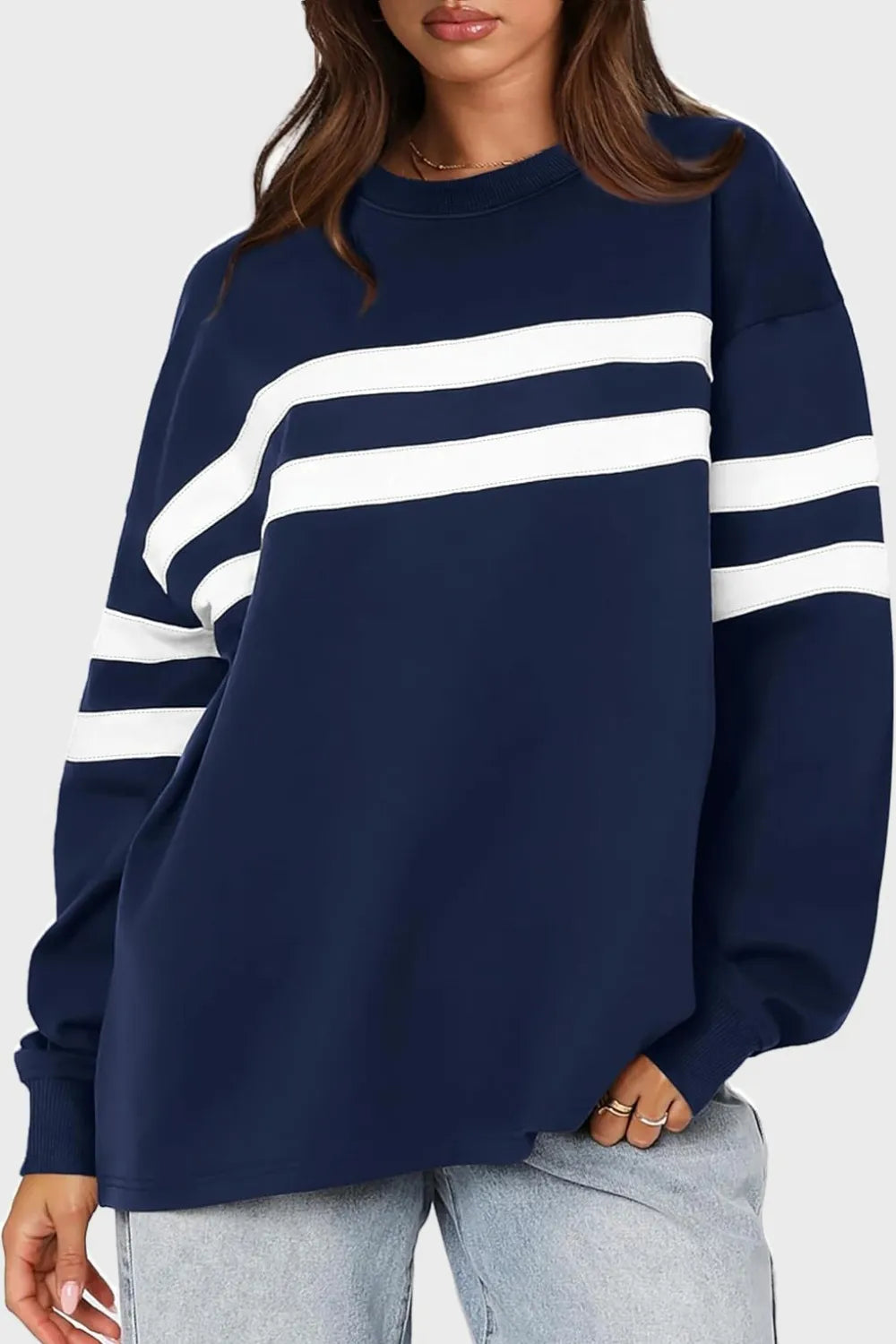 Lovelet Striped Round Neck Dropped Shoulder Sweatshirt - V.I.P Digital Presence