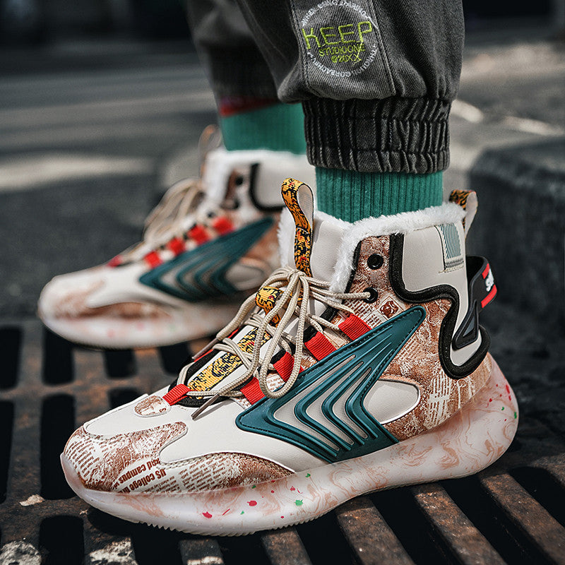 Men's trendy luminous running shoes student graffiti high-top shoes plus velvet warm sports shoes - V.I.P Digital Presence