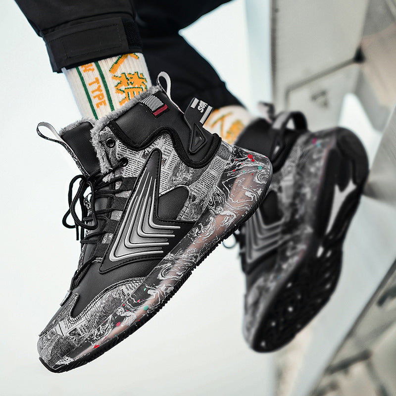 Men's trendy luminous running shoes student graffiti high-top shoes plus velvet warm sports shoes - V.I.P Digital Presence