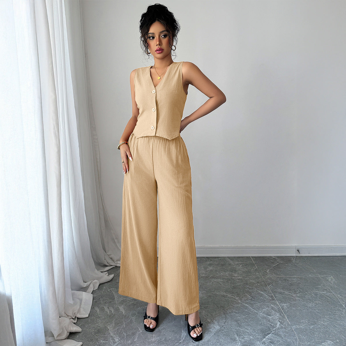 Minimally Sleeveless T-shirt Wide Leg Pants Two Piece Set - V.I.P Digital Presence