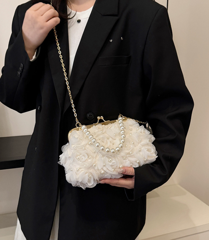 Net Lace Pleated Clutch Evening Handbag Korean Sweet Style Pearl Chain Crossbody Bag - V.I.P Digital Presence