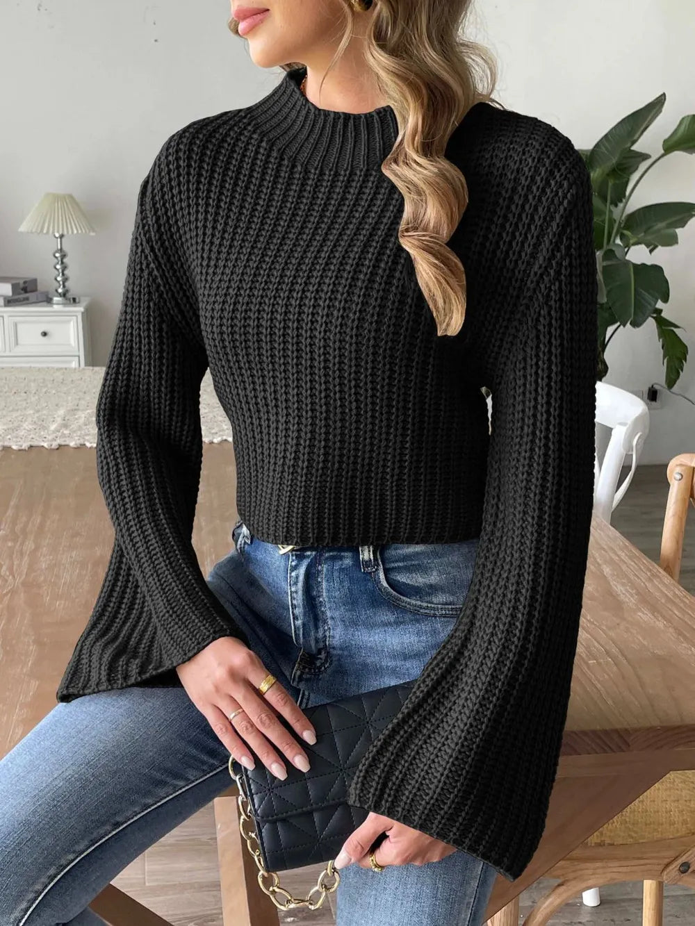 New autumn and winter flared sleeve semi high neck pullover sweater - V.I.P Digital Presence