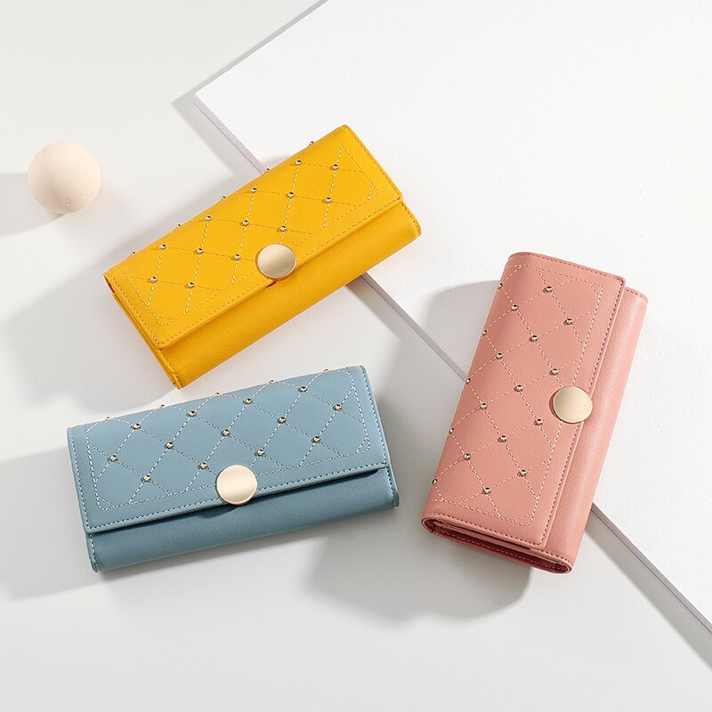 NEW Designer Rivet Button Trifold Long Wallet Women Big Capacity Female Wallets Thread Female Ladies Purse Phone Pocket Clutches - V.I.P Digital Presence