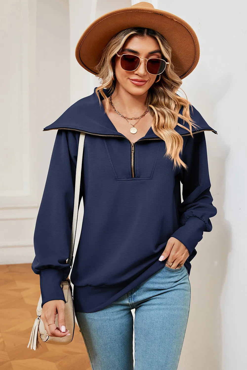 New long sleeved zipper lapel shawl pullover hoodie for women - V.I.P Digital Presence