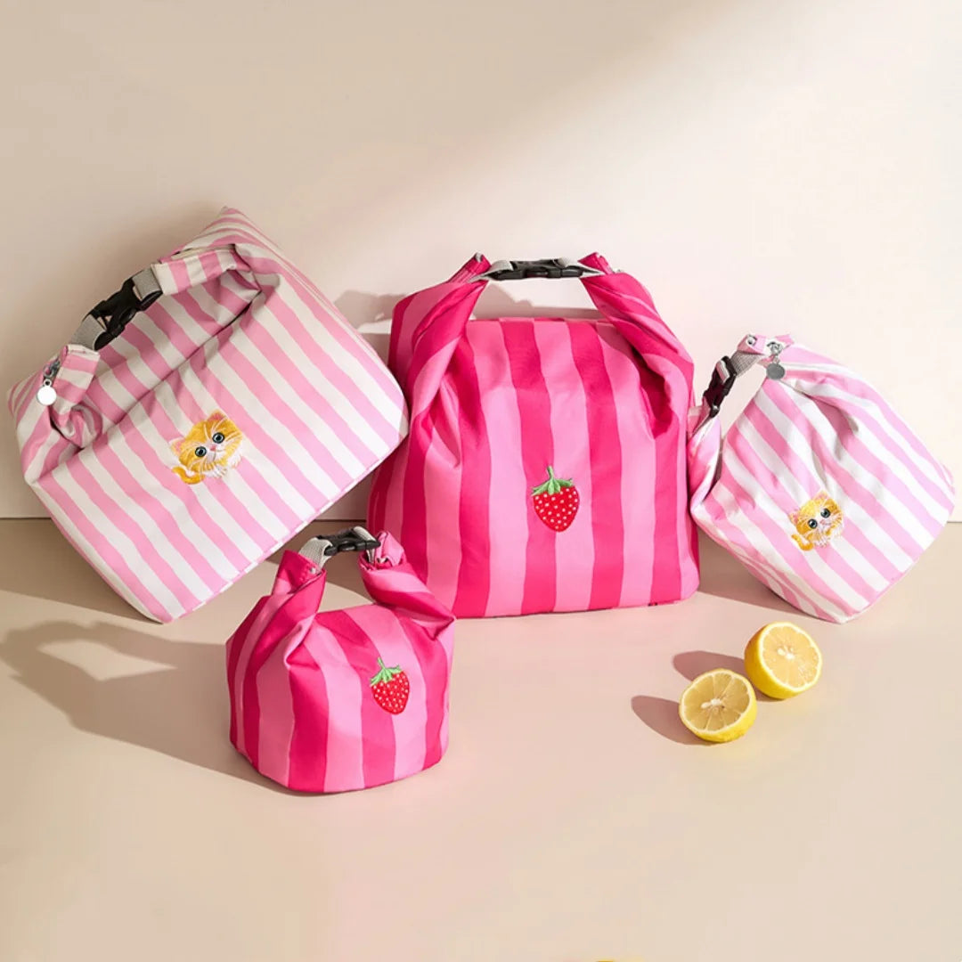New Pink Striped Strawberry Cat Insulated Cute Lunch Handbag Large Capacity Folding Roll Bento Bag Picnic Food Fresh Cooler Bag - V.I.P Digital Presence