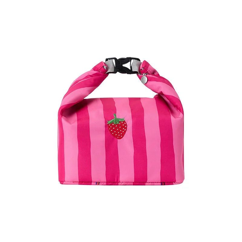 New Pink Striped Strawberry Cat Insulated Cute Lunch Handbag Large Capacity Folding Roll Bento Bag Picnic Food Fresh Cooler Bag - V.I.P Digital Presence