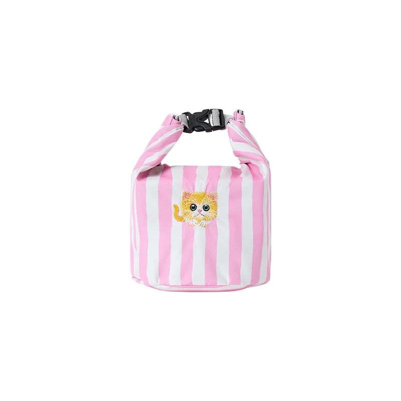 New Pink Striped Strawberry Cat Insulated Cute Lunch Handbag Large Capacity Folding Roll Bento Bag Picnic Food Fresh Cooler Bag - V.I.P Digital Presence