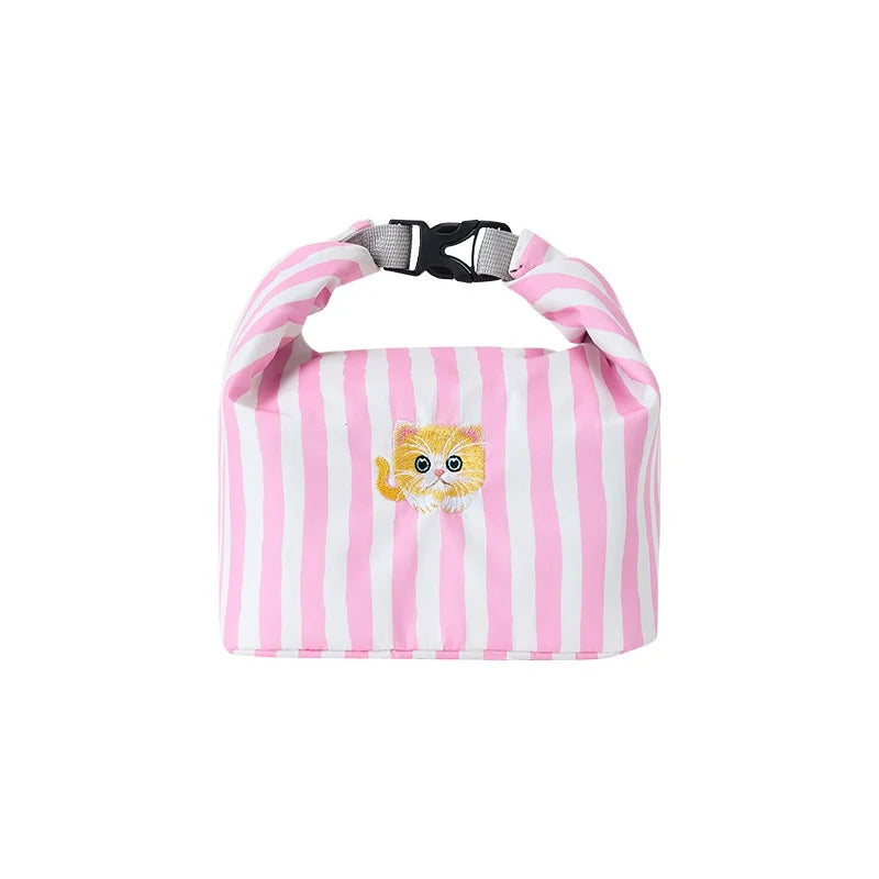 New Pink Striped Strawberry Cat Insulated Cute Lunch Handbag Large Capacity Folding Roll Bento Bag Picnic Food Fresh Cooler Bag - V.I.P Digital Presence