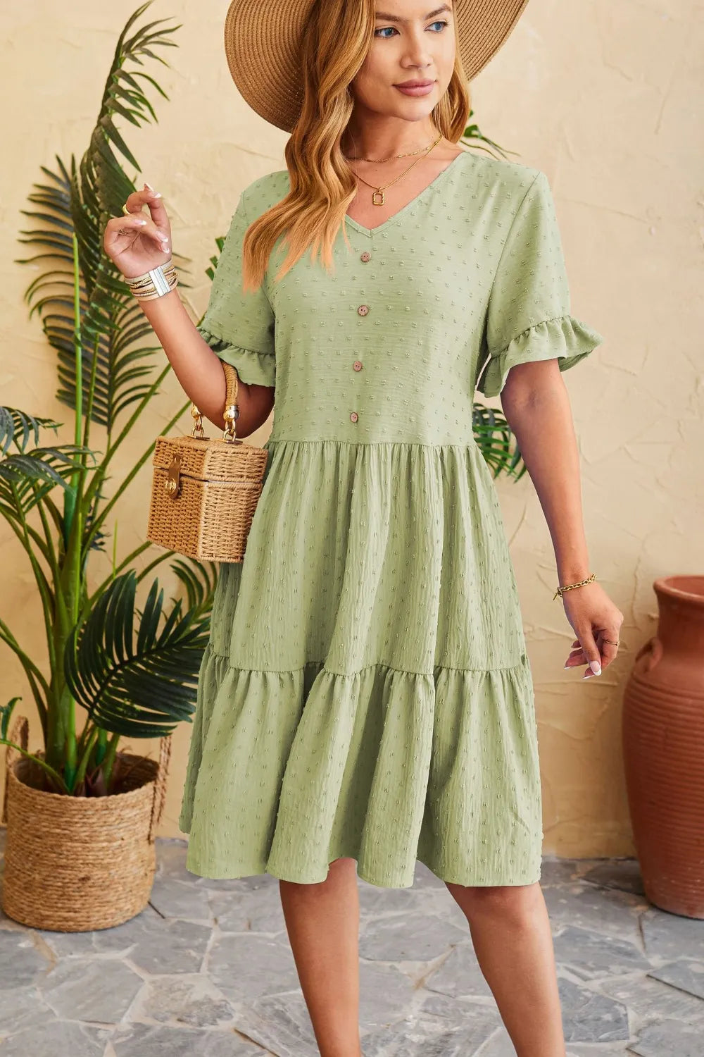 New V-neck jacquard waist cinched five quarter sleeve pleated dress - V.I.P Digital Presence